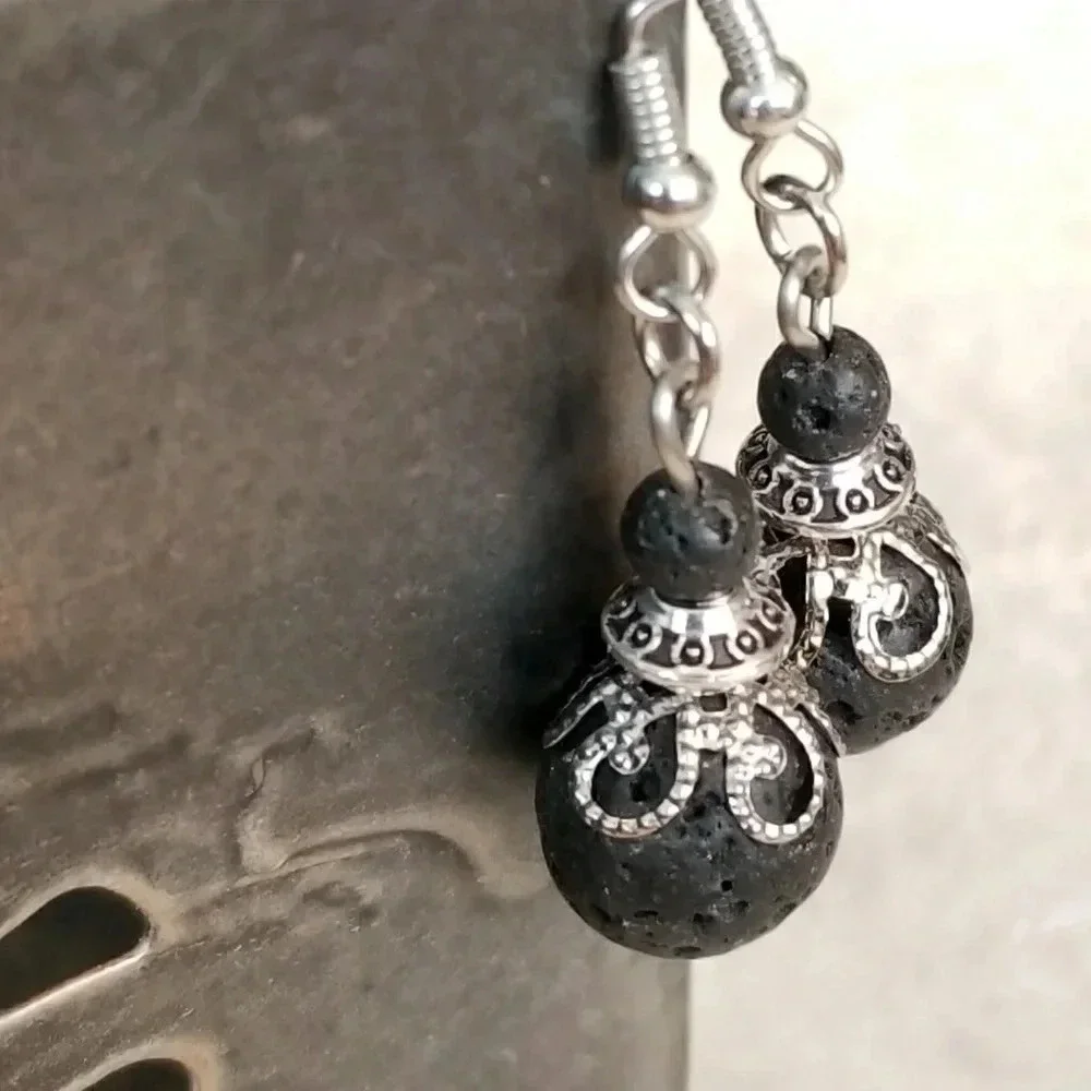 Victorian Lace Volcanic Black Lava Gemstone Earrings